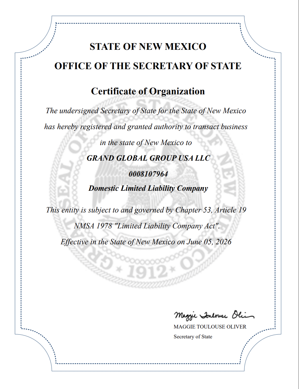 Certificate of Organization issued by the State of New Mexico for GRAND GLOBAL GROUP USA LLC